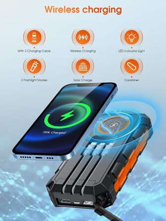 Портативний зарядний акумулятор 52800 mAh з сонячною зарядкою та бездротовою зарядкою, водонепроникний, 5 виходів, 3 входи, ліхтарик, карабін, QC 30W та USB-C PD 20W для мобільних телефонів (Оранжевий)