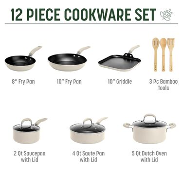 Набір посуду Goodful 12 предметів: каструлі та сковороди з антипригарним покриттям, преміум-кераміка, без PFOA, PTFE, PFAS, для посудомийної машини, кремовий