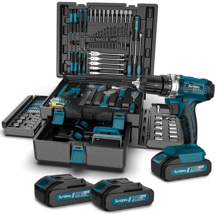 Набір інструментів Sundpey 255 шт. з акумуляторною дриль-шуруповертом 21V - Ящик для інструментів з шуруповертом, акумулятором 2 * 2000mAh, ящик з шухлядою для ремонту дому та автомобіля (Чорний)