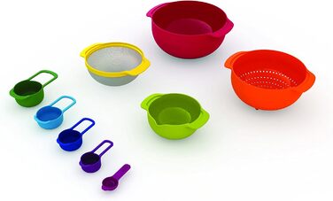 Joseph Joseph Nest 9 Plus, 9-Piece Compact Food Preparation Set with Colander and Mixing Bowls, Space-Saving - Red, 28.5 x 28.5 x 14.5 cm