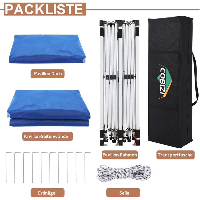 COBIZI Pavilion 3x3 Waterproof Stable Winterproof Party Tent 3x3 with 4 Side Walls Pop Up Folding Pavilion UV Protection 50+ Garden Pavilion With Handbag, 8X Pegs and 4X Wind Rope, (Light Blue, 3x6 m)