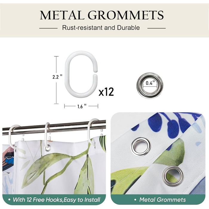 Штора для душу 180x180 см з квітами, антигрибкова, водонепроникна, швидковисихаюча, поліестер, з 12 кільцями (пташки)