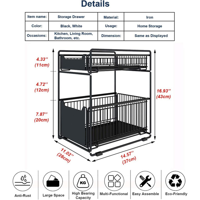 Under-Cabinet Organizer with 2 Tiers, Adjustable Height, with Wooden Handle, Pull-Out Metal Basket for Kitchen and Bathroom (Black)