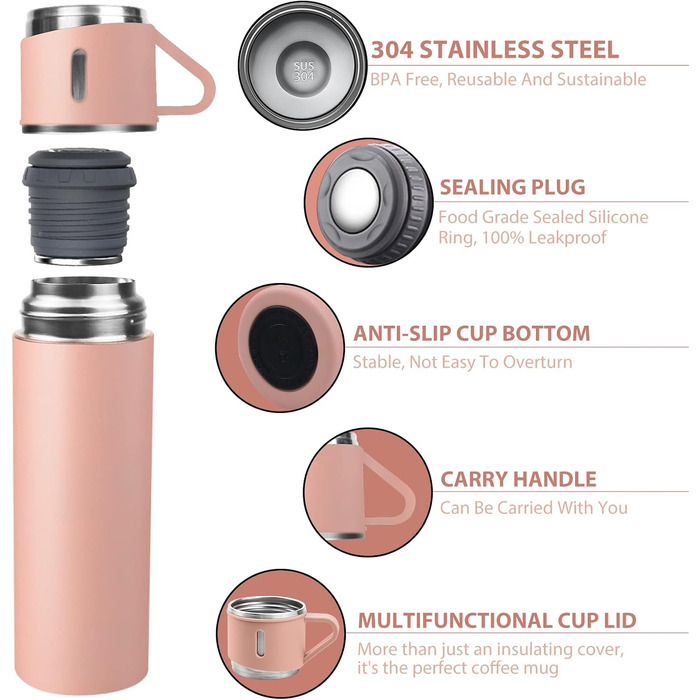 Stainless Steel Thermos Flask with Cup and Handle - 500ml Insulated Travel Mug, Leak-Proof, Double-Walled, Vacuum Insulated, Keeps Hot/Cold for 12 Hours - for Kids, Sports, Travel (Black, Pink)