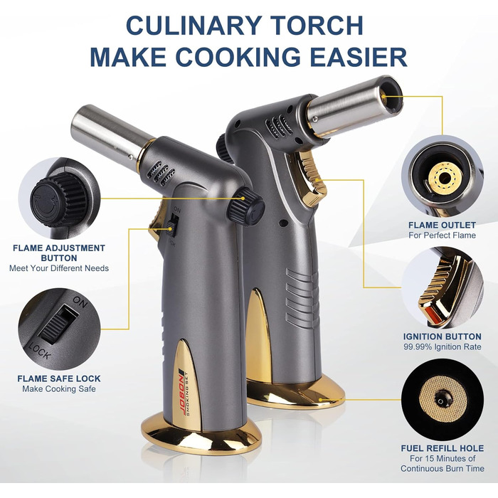 Бутанова запальничка з подвійним полум'ям преміум-класу для кухні, приготування їжі, BBQ з регульованою яскравістю та блокуванням