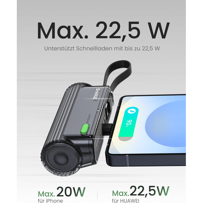 Power Bank SHARGE Flow Mini 2 22.5W: Компактний акумулятор з інтегрованим кабелем для iPhone та Galaxy, USB-C та Lightning