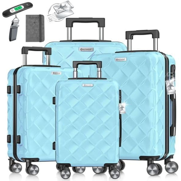 Набір валіз KESSER® 4 шт. | Валізи з ABS, кодований замок, ваги для багажу, органайзер для документів | Ручна та велика валіза для подорожей та бізнесу (Скай Блю)