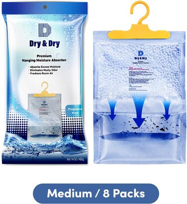 Dry & 8 Pack [Net 14 oz/Pack] Premium Hanging Moisture Absorbers to Control Excess Moisture for Basements, Closets, Bathrooms, Laundry Rooms. Ultra strong