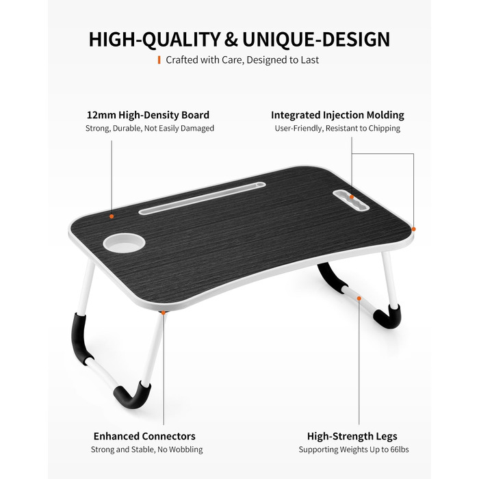 Складаний столик для ноутбука, портативний столик на колінах, приліжковий столик, підставка для ноутбука з тримачем для напоїв та слотом для планшета, чорний
