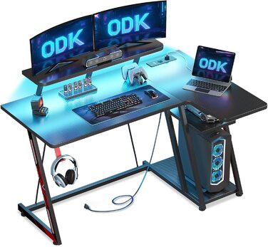 LED Gaming Desk with Power Outlets - L-Shaped PC Gaming Table with Monitor Stand & Storage - Carbon Fiber Black (120cm)