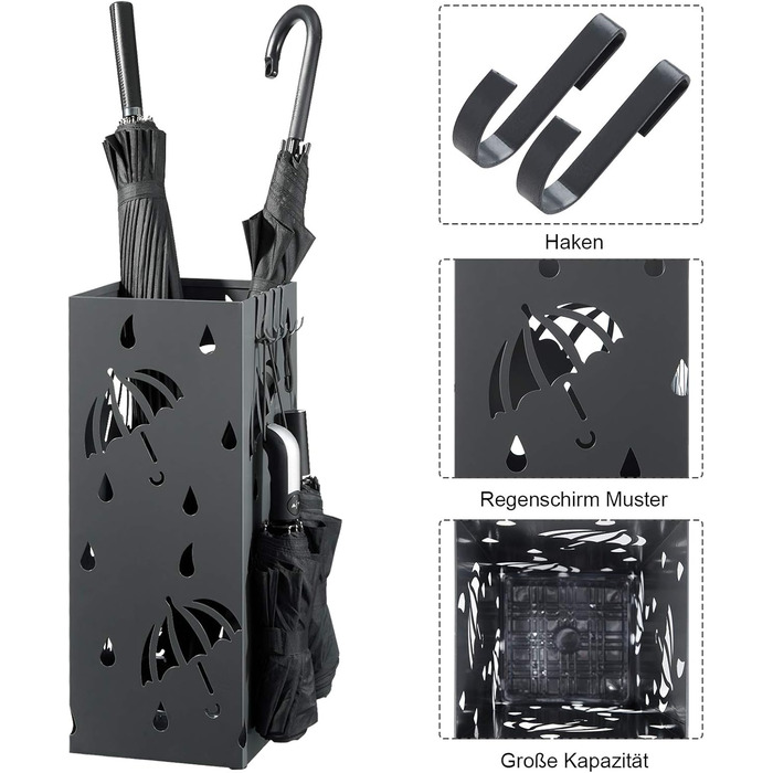 WOLTU Iron Umbrella Stand - Rectangular, 20x20x49cm - with Water Tray & 4 Hooks - Anthracite SST02an
