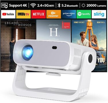 Wielio 2025 Smart Beamer: Android 11, 1080P (4K), WiFi 6, Bluetooth 5.2, 20000 Lumens, для дому, сумісний з iOS/Android/PS5