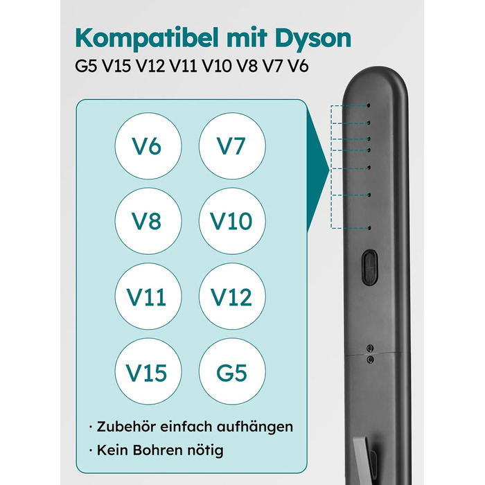 Стійка для пилососів Dyson G5, V15, V12, V11, V10, V8, V7, V6, металева, з 4 гачками та 4 полицями, без свердління, стабільна, підлогова, приховане кріплення кабелю (Темно-сірий)