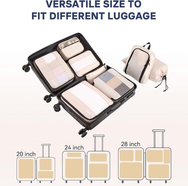 Органайзер для валізи MURISE, 8 шт. - Packing Cubes для подорожей, набір для організації речей у валізі, з мішечком для взуття та косметички, бежевий колір