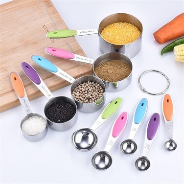 FBHappiness 10-Piece Stainless Steel Measuring Cups and Spoons Set, 5 Measuring Cups and 5 Measuring Spoons with Colored Silicone Handles (Color: A, Size A