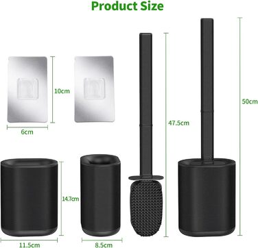 HOMEASY Silicone Toilet Brush Black - Stainless Steel Toilet Brush with Stainless Steel Holder, Flexible Silicone WC Brush Set, Toilet Brush with Holder, Wall Mount (No Drilling) & Stand for Bathroom