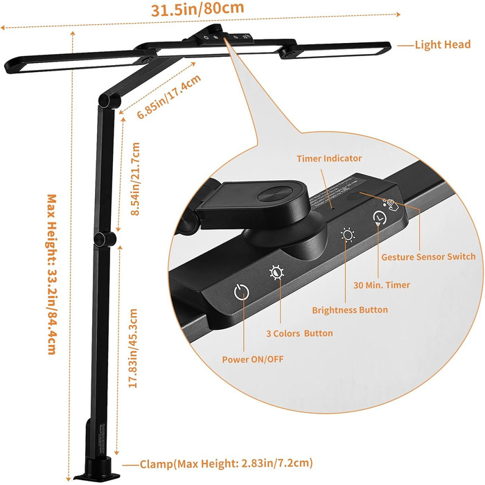 LED лампа для столу Litren 80 см з USB, сенсорне управління та таймер, 24W, чорна