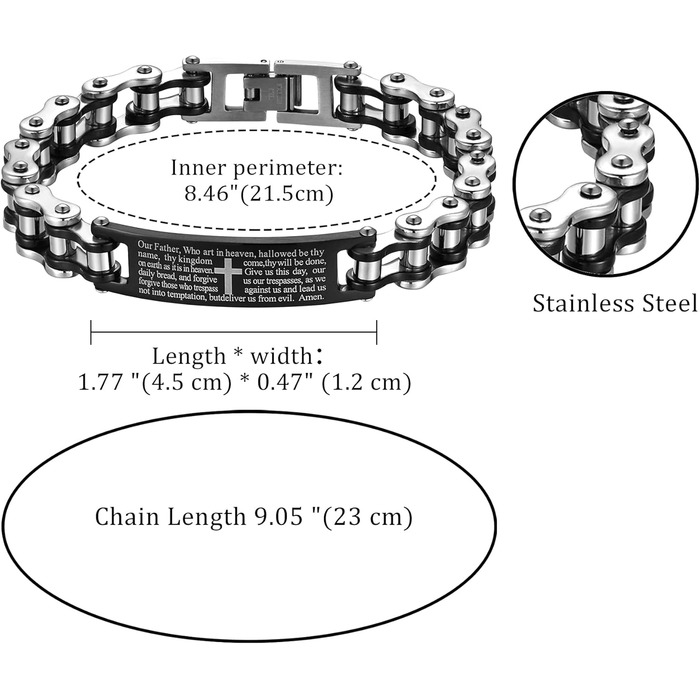 Чоловічий браслет JewelryWe з кулоном-хрестом, англійська Біблія, молитовний, з нержавіючої сталі, ланцюжок, подарунок для чоловіків (чорний/сріблястий)