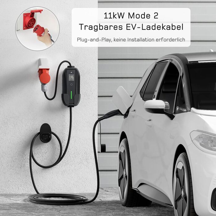 Мобільна зарядна станція (Wallbox) 11 кВт [3-фазна|7м|6-16А] з регульованою потужністю, кабель CEE 16A на Typ 2 та зарядний пристрій для електромобілів Model Y/3, ID.3/4/5, MG4, EX30, e-up, e-tron, Zoe та інших EV (CEE 11 кВт, 5.5м)