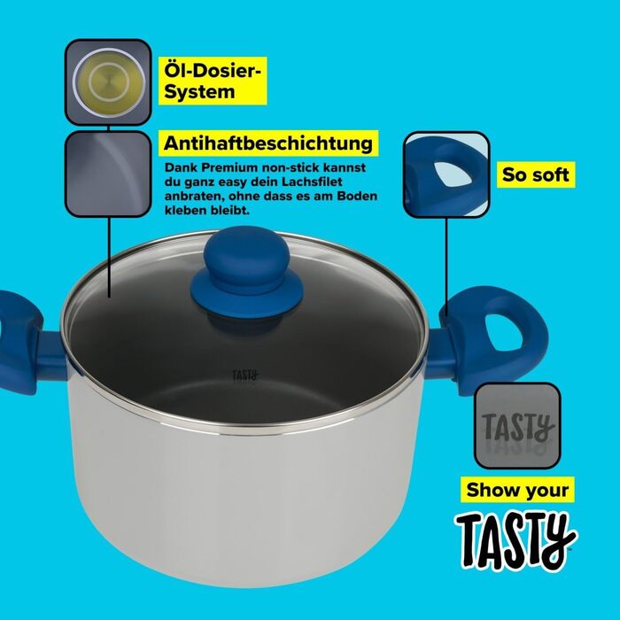 Каструля з антипригарним покриттям Tasty з кришкою з термостійкого скла та дозатором олії, 20 см, 3500 мл, пресоване алюміній, для всіх типів плит (включно з індукцією), можна мити в посудомийній машині