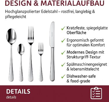 Набір столових приборів 60 предметів для 12 осіб з нержавіючої сталі – елегантний набір, полірований до блиску, безпечний для посудомийної машини та стійкий до іржі; для стильного сервірування столу в будні та на свята (Модель 6)