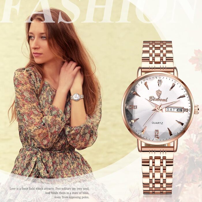 Жіночий годинник JewelryWe Rosegold: аналоговий кварцовий годинник зі сталевим браслетом, водонепроникність 30м, календар, підсвічування стрілок та гранійним склом (Рожеве золото - Білий)