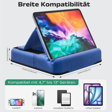 Подушка-підставка для планшета та смартфона, складана м'яка тримач для ліжка та дивана з відділенням для стилуса та кишенею, сумісна з iPad, iPhone, Kindle, Samsung Galaxy Tab (Блакитний)