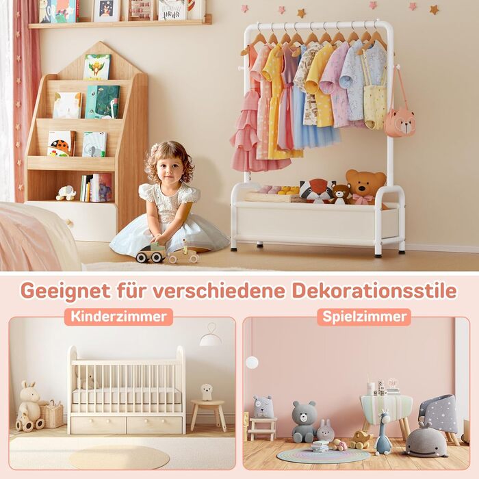 Дитяча вішалка для одягу Kinder Garderobe 80x30x125 см, біла. З гачками та кошиком для зберігання, U-подібна основа.