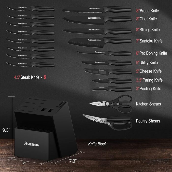 Astercook 21-Piece Kitchen Knife Set with Block - German Stainless Steel, Built-in Sharpener, Dishwasher Safe