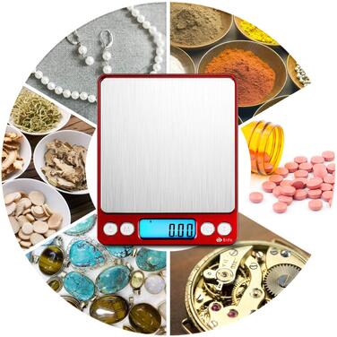 Електронні ваги Brifit 0.01g, 500g з калібрувальним набором 100g, функція Tara, PCS, 6 одиниць вимірювання (червоний)