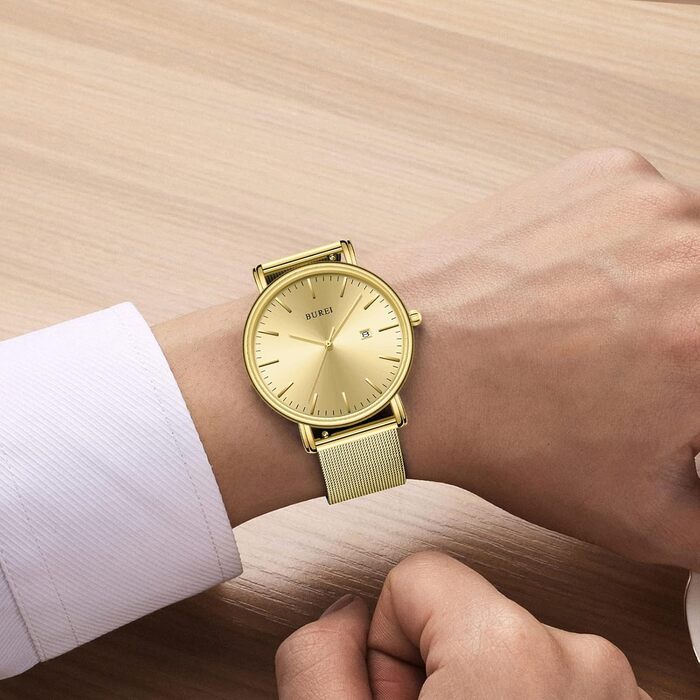 Годинник чоловічий BUREI Ultra Slim з датою, аналоговий, кварцовий механізм (сталь, золото)