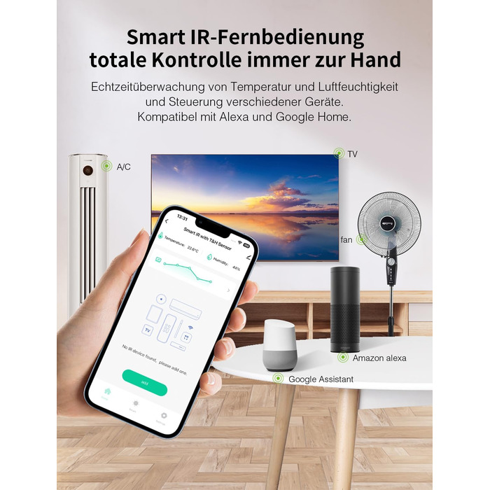 GHome Smart WLAN Thermometer Hygrometer, Smart Infrared Remote Control, Digital Temperature and Humidity Meter with App Notification Alarm, Compatible with Alexa and Google Assistant (1 Pack)