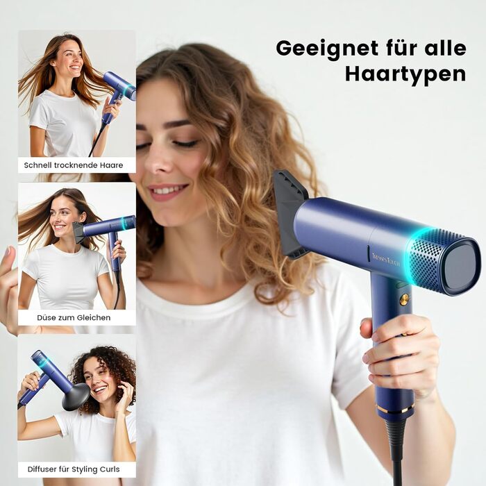 Іонізатор для волосся Föhn: Швидкий фен з дифузором для жінок та чоловіків, 3 режими, 2 швидкості, чорний (блакитний)