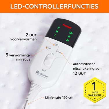 Електрична ковдра Mia&Coco з автовимкненням, 160x130 см, з таймером 12 годин, 3 режими нагріву, LED-дисплей, захист від перегріву, для стандартних матраців, машинне прання, білий колір