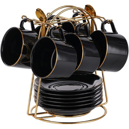 Набір чашок капучино з блюдцями (6 шт., 150 мл) з золотим декором, порцелянові чашки з ручкою, британський королівський фарфор (білий) з чорним глянцем