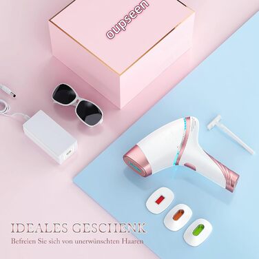 Пристрій для епіляції IPL з охолодженням 5°C, лазерний епілятор з 3 насадками, 5 рівнів потужності, безліч імпульсів, для жінок та чоловіків