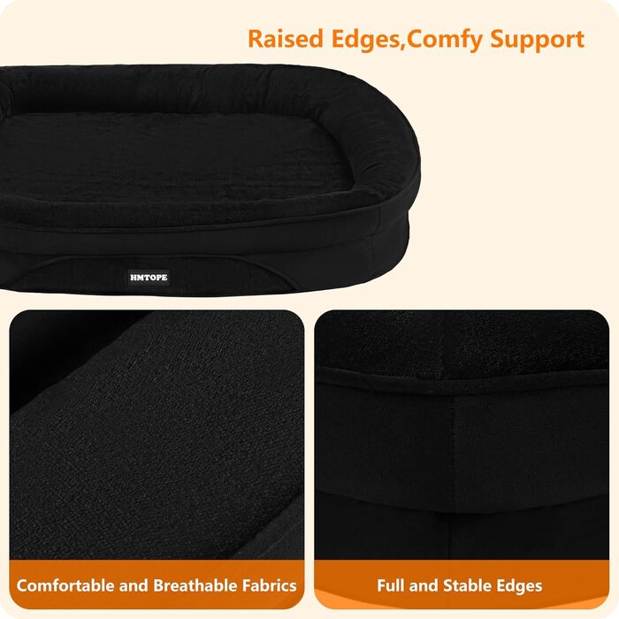 Ортопедичне ліжко для собак, ліжко-софа для собак, подушка з валиком по периметру, неслизьке дно, кошик для собак, знімне та пральне, для собак середніх та великих порід, 106 x 79 x 17 см, чорний