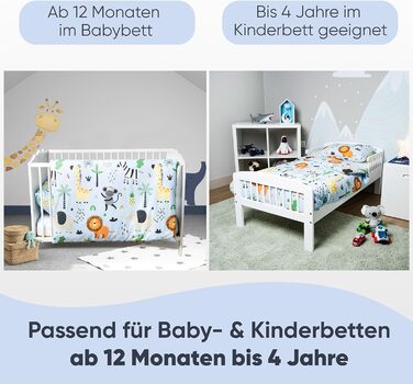 Комплект постільної білизни для дитячого ліжечка Kinder з 100% бавовни (100x135 см) з тваринами. Підходить для хлопчиків, легко періть при 60°C. Включає постільну білизну та подушку (40x60 см).