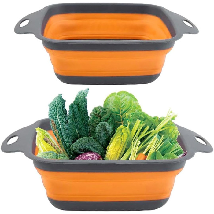 Ситечко для кухні складне, сито для зливання з нержавіючої сталі та силікону, 2 розміри (24.5+29.2 см), помаранчеве