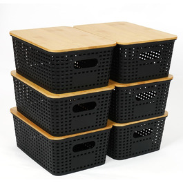 UHAPEER Storage Box with Bamboo Lid, 6 Pack Storage Basket, Plastic Basket Storage, Kitchen Organizer White, Stackable Storage Boxes, Box with Lid 25.6 x 18 x 10.7 cm (Black)