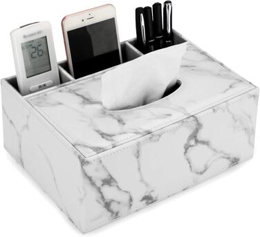 BSTKEY Tissue Box Rectangular Faux Leather Tissue Box with Remote Control (White Marble)