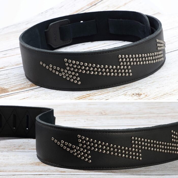 Гітарний ремінь Nefelibata з повномісної шкіри, з підкладкою з піни, з металевими заклепками, для електро-, акустичної та бас-гітари (2,5 см, чорний карбон) (Blitzschlag)