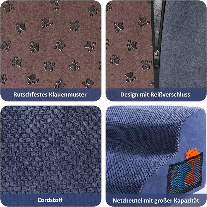 Dog Stairs, Pet Stairs, Foam Dog Stairs, Washable Non-Slip Cat Stairs, Dog Stairs for Small Dogs and Cats, Portable Dog Ramp for Bed, Couch and Car (2-Step Dog Stairs, Blue)