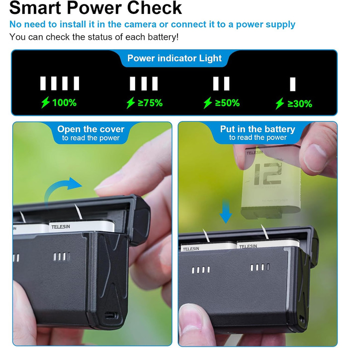 Зарядний пристрій для GoPro Hero 12/11/10/9 від Telesin: 3 слоти, 2 слоти TF-картки, портативний, з індикатором заряду