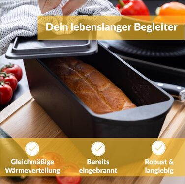 Chefaron Cast Iron Bread Baking Pan with Lid - Baking pan for bread and cake - cast iron bread pot - loaf pan baking roasting rectangular - cast iron pot bread baking - 28 x 12 cm rectangular loaf pan