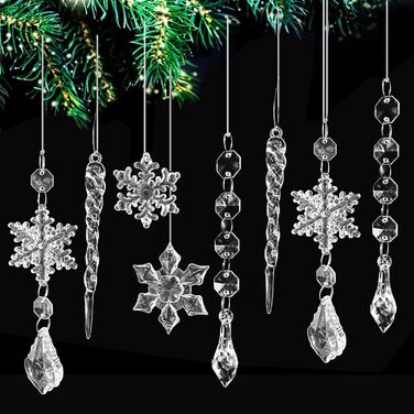 Christmas Tree Ornaments Snowflake Transparent, 12 Pieces Acrylic Snowflakes Decoration Crystal Christmas Tree Decorations Decoration Winter Christmas Ornaments (9.5CM)