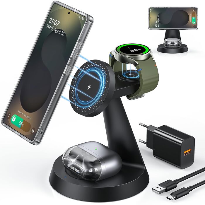 Бездротова зарядка Meifigno 3-в-1 для Samsung Galaxy: Mag-Safe, годинник, навушники (чорний)