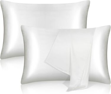 Tenn well Mulberry silk pillowcases for hair and skin, both sides, 100% pure silk, 19 Momme soft, smooth pillowcase with hidden zipper, Standard 51 x 76 cm, White, 2 Pieces Standard 51 x 76cm, 2pcs White