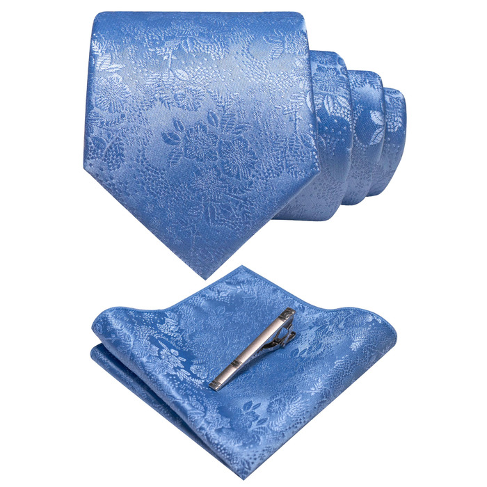 Чоловіча краватка та хустинка JEMYGINS з квітковим малюнком та затискачем для краватки (Небесно-блакитний/Волошковий)