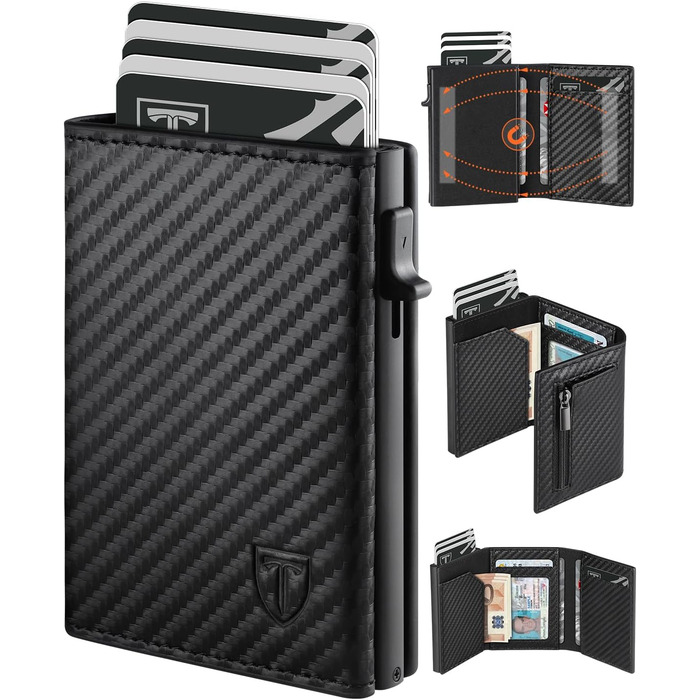 Чоловічий гаманець Portmonee з RFID захистом, Slim Wallet, 10 відділень для карток, з відділенням для монет, з карбону, чорний